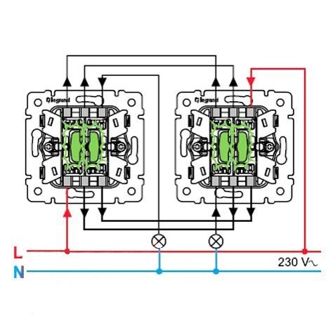 Схема подключения проходного выключателя с 2х мест двухклавишный legrand