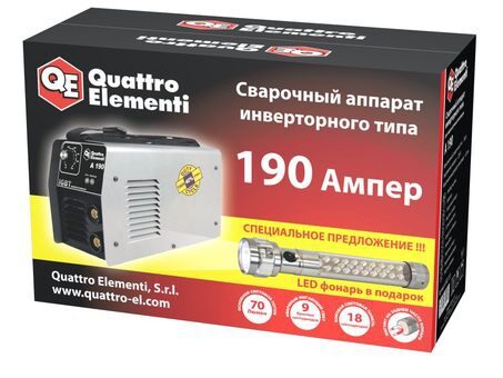 Аппарат электродной сварки, инвертор QUATTRO ELEMENTI  A 190 + LED Фонарь (190 А, ПВ 40%, до 4.0 мм,
